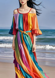 Italian Colorblock Cold Shoulder Ruffled Patchwork Chiffon Dress Summer