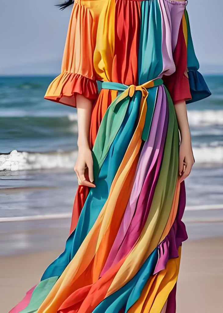 Italian Colorblock Cold Shoulder Ruffled Patchwork Chiffon Dress Summer