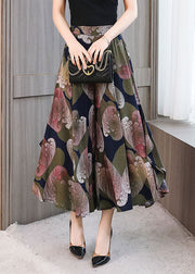 Italian Colorblock Elastic Waist Pockets Print Chiffon Wide Leg Pant Skirt Summer