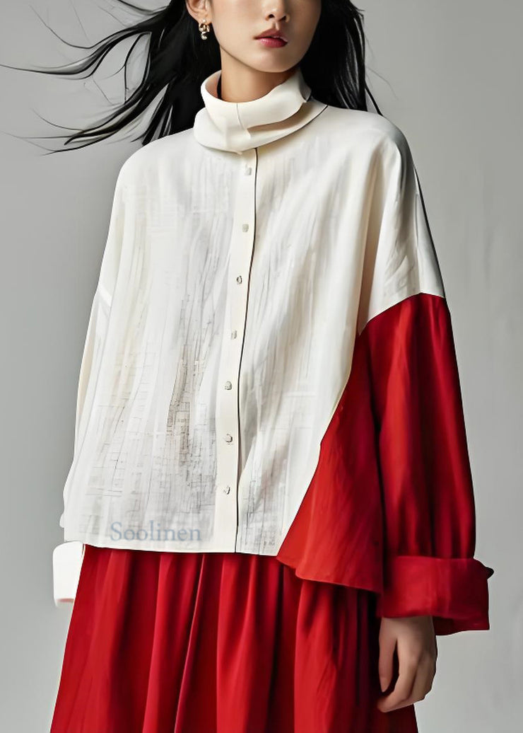 Italian Colorblock Hign Neck Patchwork Cotton Top Long Sleeve