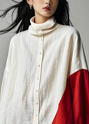 Italian Colorblock Hign Neck Patchwork Cotton Top Long Sleeve