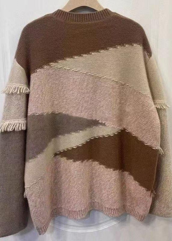 Italian Colorblock O Neck Tasseled Patchwork Knit Sweaters Top Fall