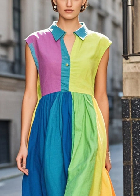 Italian Colorblock Peter Pan Collar Patchwork Exra Large Hem Cotton Long Dresses Summer