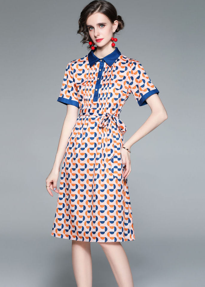 Italian Colorblock Peter Pan Collar Patchwork Print Tie Waist Silk Cinch Dress Short Sleeve