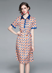 Italian Colorblock Peter Pan Collar Patchwork Print Tie Waist Silk Cinch Dress Short Sleeve