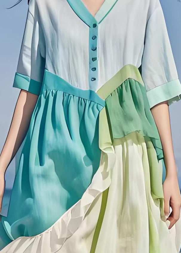 Italian Colorblock Ruffled Asymmetrical Patchwork Cotton Dress Summer