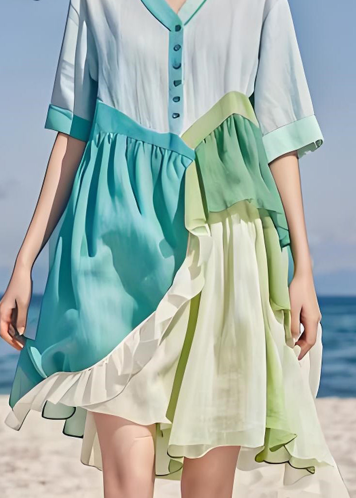 Italian Colorblock Ruffled Asymmetrical Patchwork Cotton Dress Summer
