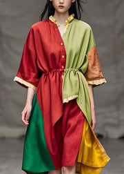 Italian Colorblock Ruffled Patchwork Low High Design Cotton Dresses Summer