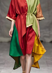 Italian Colorblock Ruffled Patchwork Low High Design Cotton Dresses Summer