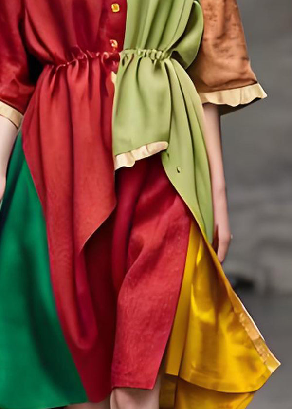 Italian Colorblock Ruffled Patchwork Low High Design Cotton Dresses Summer