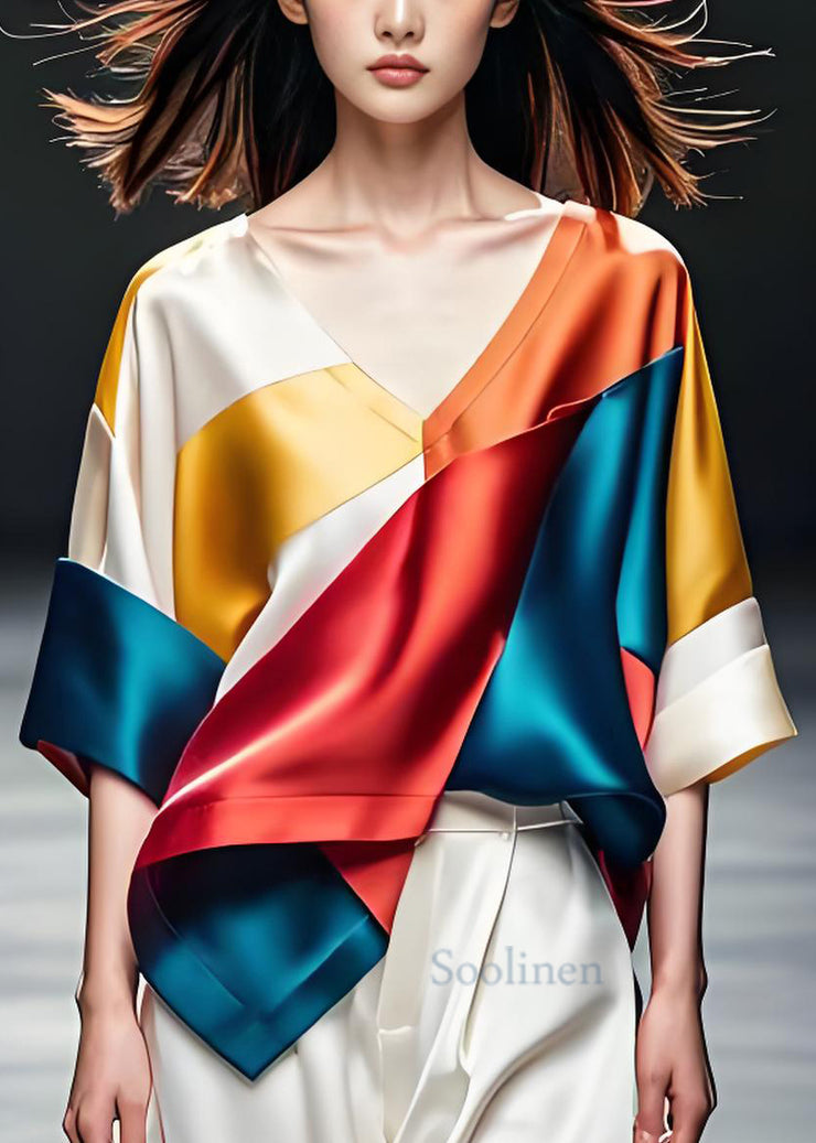 Italian Colorblock V Neck Asymmetrical Design Silk Top Summer