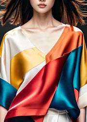 Italian Colorblock V Neck Asymmetrical Design Silk Top Summer