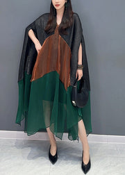 Italian Colorblock V Neck Patchwork Chiffon Dress Batwing Sleeve
