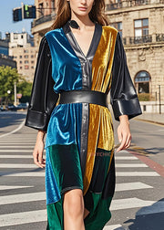 Italian Colorblock V Neck Patchwork Low High Design Velvet Dresses Fall