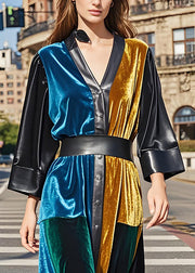 Italian Colorblock V Neck Patchwork Low High Design Velvet Dresses Fall