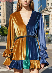 Italian Colorblock V Neck Patchwork Ruffled Silk Velvet Mini Dress Spring