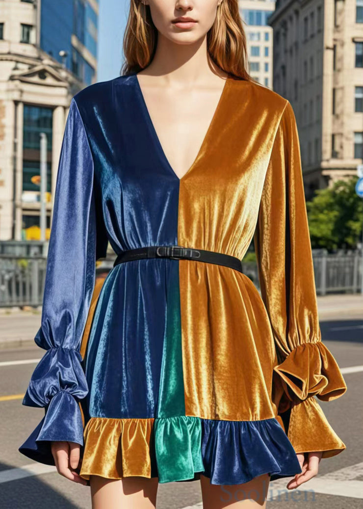 Italian Colorblock V Neck Patchwork Ruffled Silk Velvet Mini Dress Spring