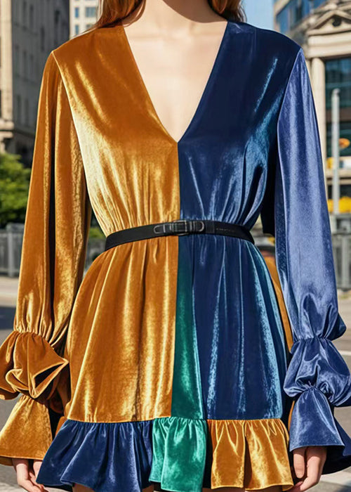 Italian Colorblock V Neck Patchwork Ruffled Silk Velvet Mini Dress Spring