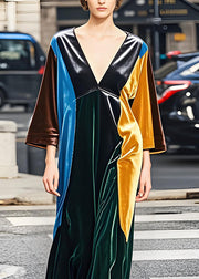 Italian Colorblock V Neck Patchwork Velvet Dress Fall