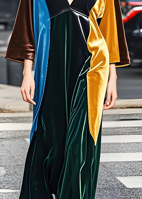 Italian Colorblock V Neck Patchwork Velvet Dress Fall