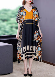 Italian Colorblock V Neck Print Patchwork Loose Silk Dresses Summer