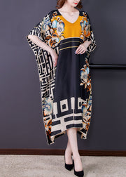 Italian Colorblock V Neck Print Patchwork Loose Silk Dresses Summer