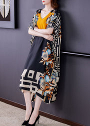 Italian Colorblock V Neck Print Patchwork Loose Silk Dresses Summer