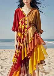 Italian Colorblock V Neck Ruffled Patchwork Chiffon Maxi Dresses Summer