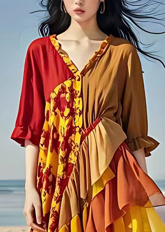 Italian Colorblock V Neck Ruffled Patchwork Chiffon Maxi Dresses Summer