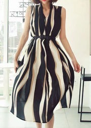 Italian Colorblock V Neck Striped Patchwork Chiffon Dresses Sleeveless