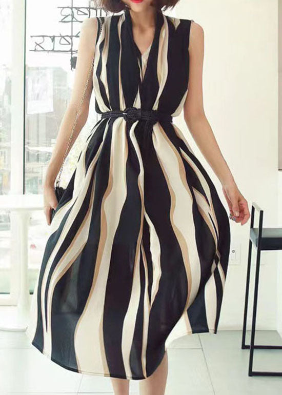 Italian Colorblock V Neck Striped Patchwork Chiffon Dresses Sleeveless