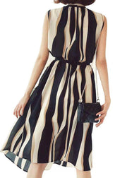 Italian Colorblock V Neck Striped Patchwork Chiffon Dresses Sleeveless