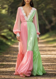 Italian Colorblock V Neck Wrinkled Patchwork Chiffon Long Dress Spring