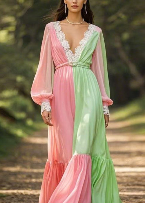 Italian Colorblock V Neck Wrinkled Patchwork Chiffon Long Dress Spring