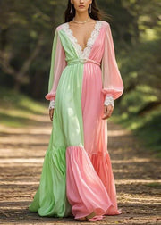 Italian Colorblock V Neck Wrinkled Patchwork Chiffon Long Dress Spring