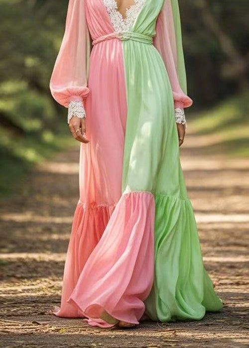 Italian Colorblock V Neck Wrinkled Patchwork Chiffon Long Dress Spring