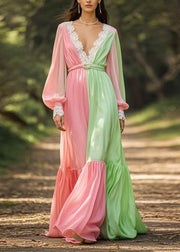 Italian Colorblock V Neck Wrinkled Patchwork Chiffon Long Dress Spring