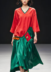 Italian Colorblock V Neck Wrinkled Patchwork Cotton Long Dress Summer
