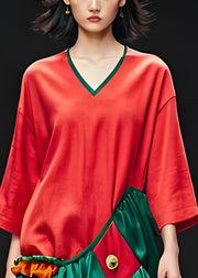 Italian Colorblock V Neck Wrinkled Patchwork Cotton Long Dress Summer