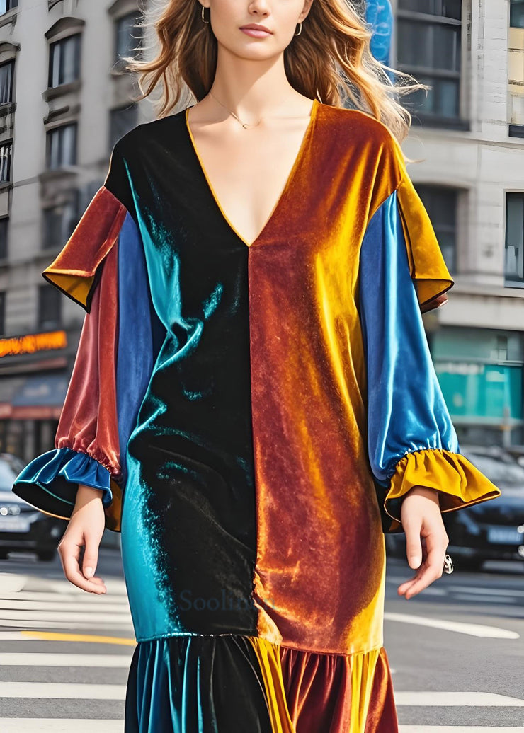 Italian Colorblock V Neck Wrinkled Patchwork Velvet Dresses Fall