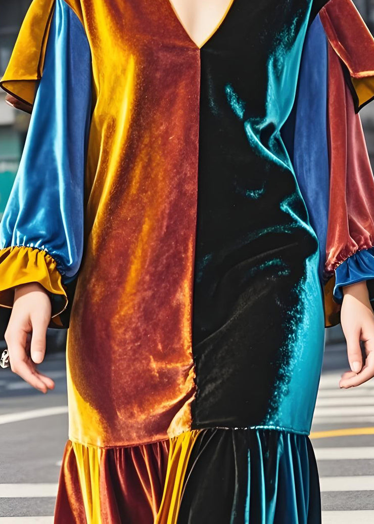 Italian Colorblock V Neck Wrinkled Patchwork Velvet Dresses Fall