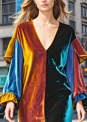 Italian Colorblock V Neck Wrinkled Patchwork Velvet Dresses Fall