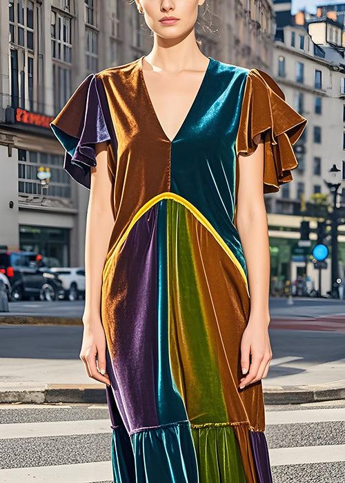 Italian Colorblock V Neck Wrinkled Velvet Dress Butterfly Sleeve