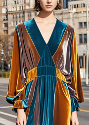 Italian Colorblock V Neck Wrinkled Velvet Long Dress Fall