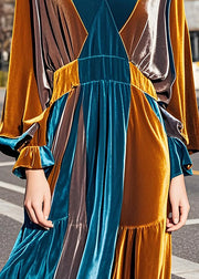 Italian Colorblock V Neck Wrinkled Velvet Long Dress Fall