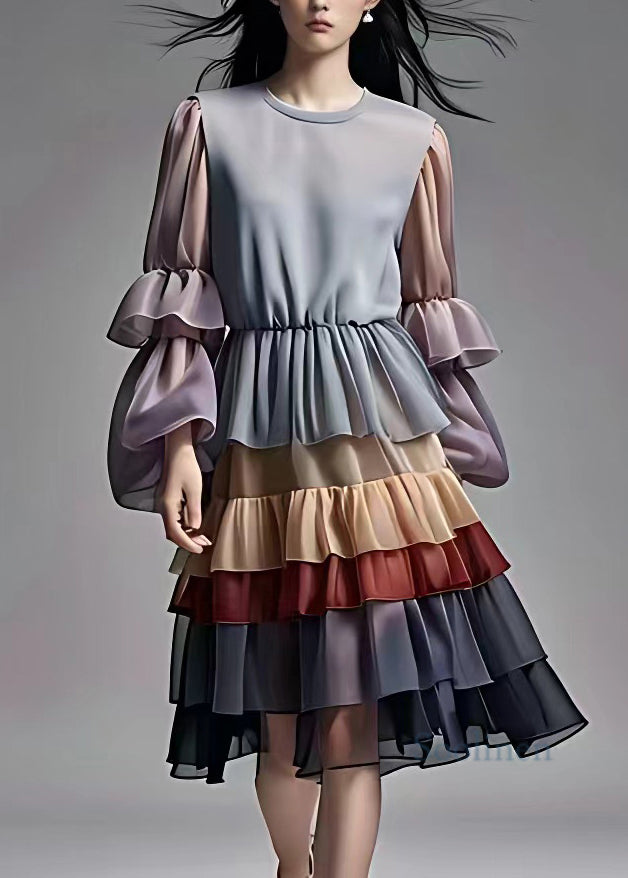 Italian Colorblock Wrinkled Patchwork Chiffon Maxi Dress Long Sleeve