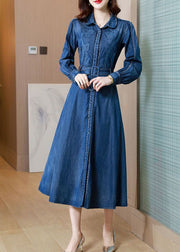 Italian Denim Blue Embroideried Exra Large Hem Cotton Cinched Dress Spring