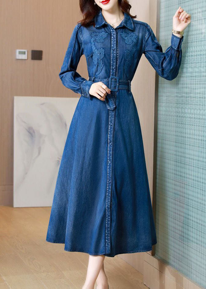 Italian Denim Blue Embroideried Exra Large Hem Cotton Cinched Dress Spring