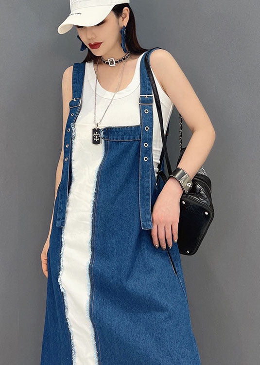 Italian Denim Blue Patchwork Cotton Fake Two Piece Strap Dresses Summer