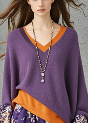 Italian Dull Purple V Neck Patchwork Fake Two Piece Sweaters Fall